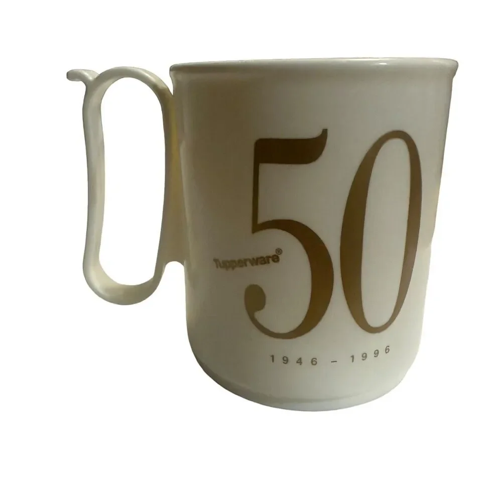 Limited Edition Tupperware 50th 1946-1996 Mug Cup White/Gold, Lid 3104A6 3103A1